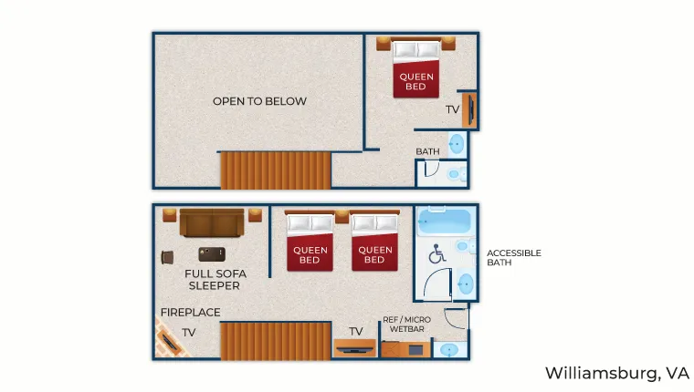 The floor plan for the accessible Loft Fireplace Suite